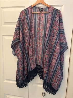 Angie Y2K  Boho Floral Fringe Open Cardigan Crochet Trim- Poncho Wrap